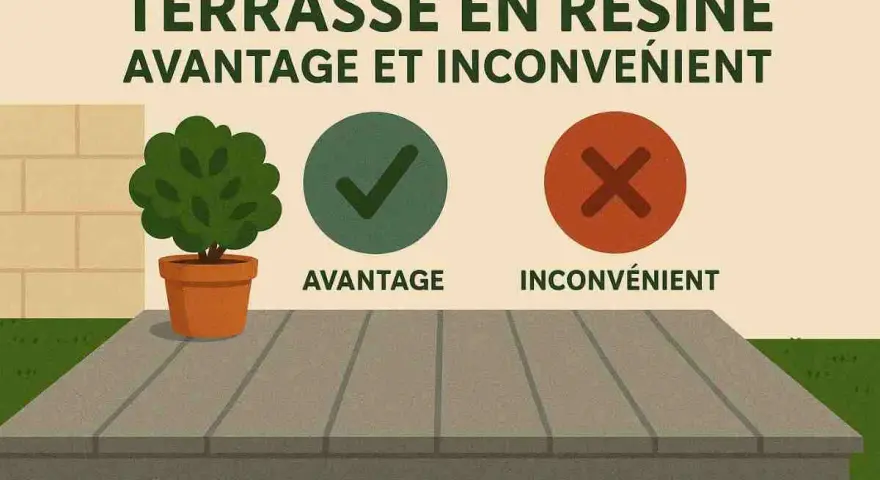 Illustration sur la terrasse en résine : avantage et inconvénient. Un arbre en pot, un symbole de coche verte et un symbole de croix rouge.