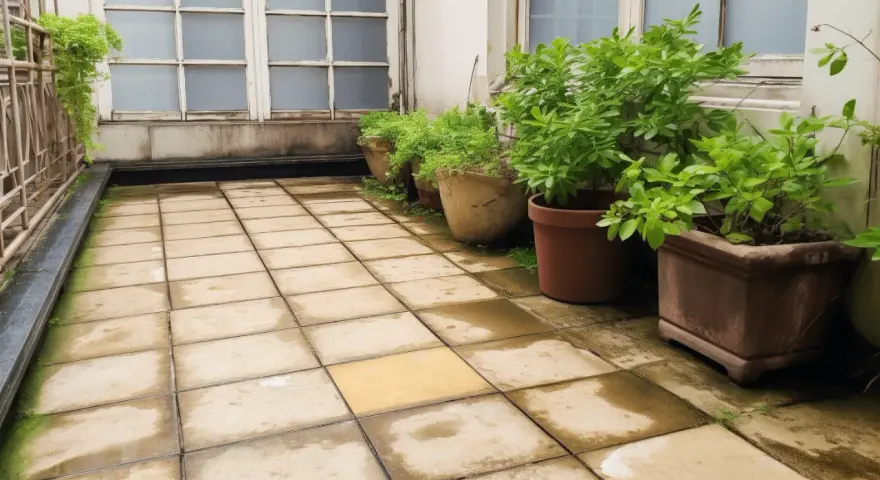 Une terrasse carrelée, prête à refaire une terrasse sur une ancienne, bordée de plantes en pots sous de grandes fenêtres.