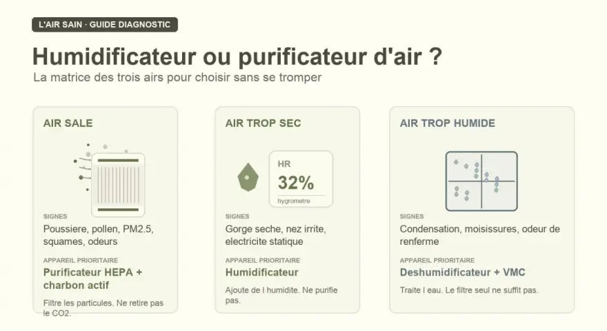 Guide pour choisir entre humidificateur et purificateur d'air. Il présente trois scénarios : air sale, air trop sec (taux humidité maison 32%) et air trop humide.