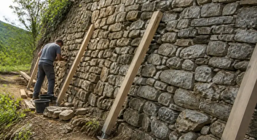Un homme travaille à comment consolider un mur en pierre, utilisant des étais en bois pour soutenir la structure ancienne.