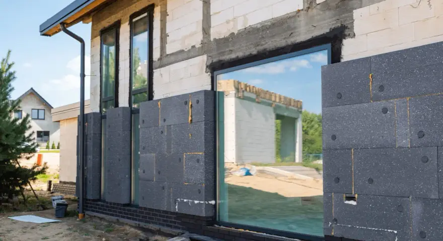 Maison en construction avec panneaux de polystyrène gris fixés pour le ravalement et isolation extérieure.