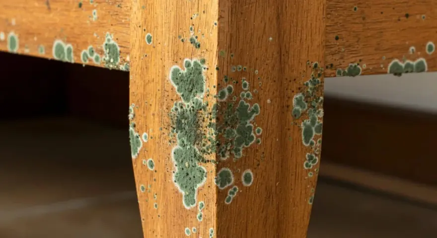 Moisissure verte envahit un meuble en bois. Il est temps d'enlever moisissure bois pour restaurer sa beauté.