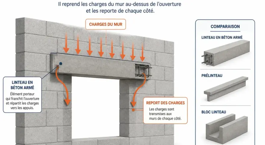 Illustration du rôle d'un linteau en béton armé : il reprend les charges du mur au-dessus d'une ouverture et les reporte sur les appuis.