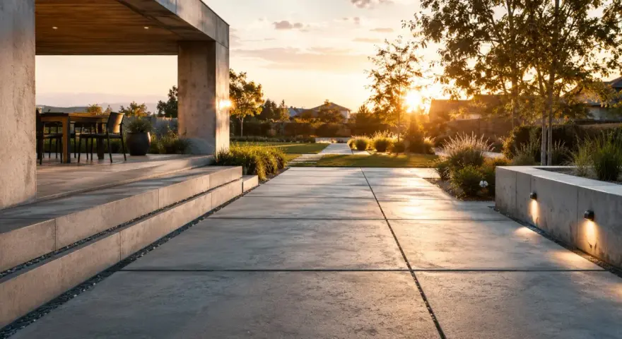 Allée en dalles de béton moderne, avec escalier et jardin paysager au coucher du soleil. Estimation du prix dalle béton 100m2.