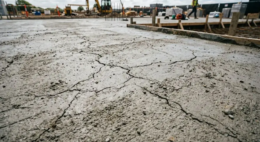 Une fissure dans une dalle de béton fraîchement coulée sur un chantier. Des engins de chantier sont visibles en arrière-plan.