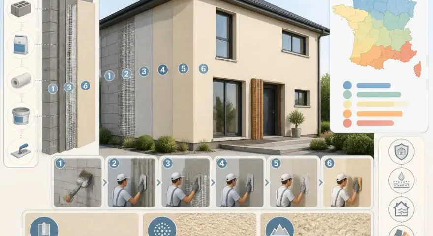 Étapes pour le prix d'un crépi de maison de 200m2. Illustration des matériaux et techniques pour un enduit extérieur.