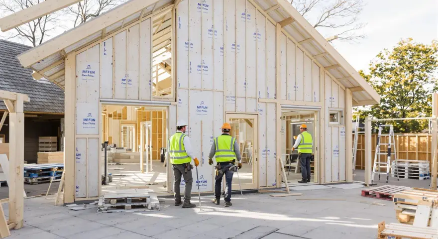 Construction d'une maison écologique passive en bois. Des ouvriers en gilets de sécurité supervisent le chantier.
