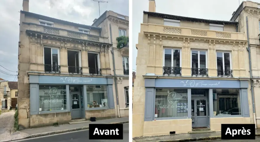Avant/Après : une façade en pierre de taille transformée par une rénovation. L'institut de beauté "Temps Suspendu" retrouve son éclat.