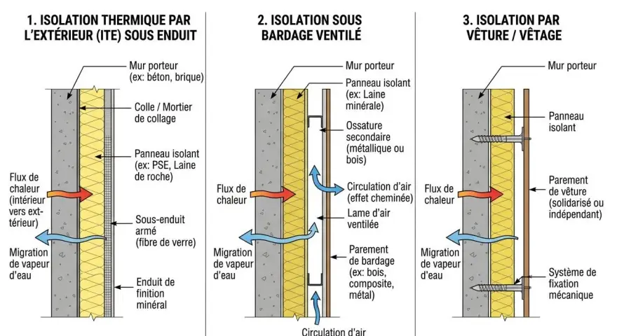 Diagramme comparant trois systèmes d'isolation de façade : ITE sous enduit, bardage ventilé et vêture. L'isolation sous enduit est la première option présentée.