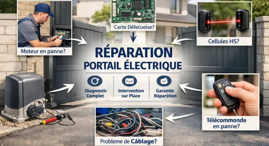 Réparation portail électrique : diagnostic, intervention sur place, garantie. Causes possibles : moteur, carte, cellules, câblage, télécommande.