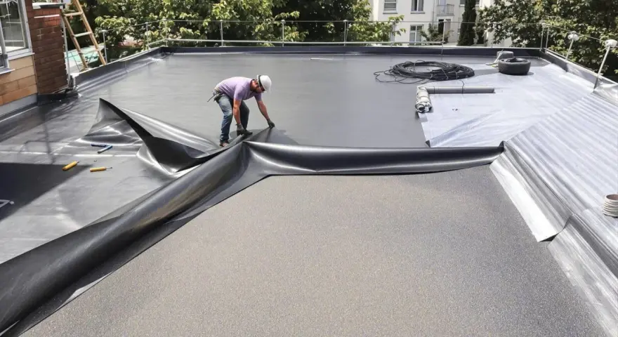 Un ouvrier pose une membrane pour l'étanchéité d'une terrasse en béton. Le travail est en cours.