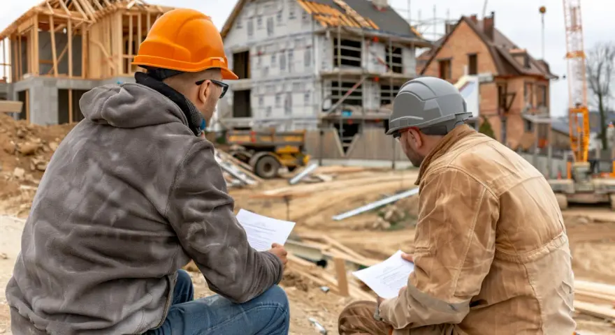 Deux hommes en casque discutent des plans sur un chantier. L'un d'eux, un artisan qui ne vient pas faire les travaux, semble expliquer quelque chose.