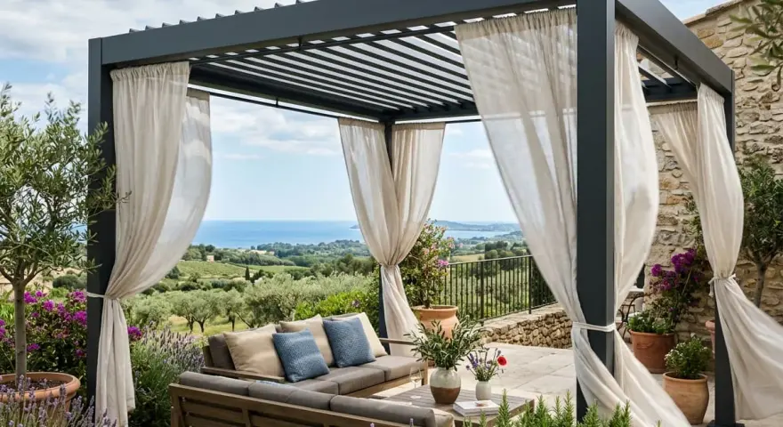 Une pergola bioclimatique, c'est quoi ? Un espace extérieur chic avec salon, vue mer et voilages légers.