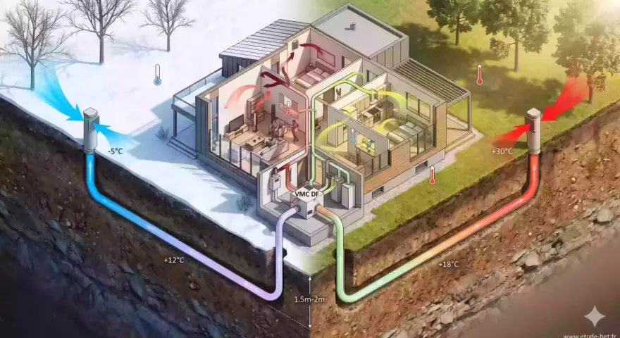 Schéma d'une maison avec un puit canadien. L'air extérieur est préchauffé ou pré-refroidi par la terre avant d'entrer dans la maison.