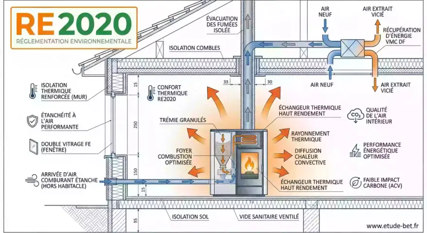 Schéma d'un poêle à granulés RE2020, montrant l'installation, l'isolation, la ventilation et la récupération d'énergie pour un confort thermique optimal.