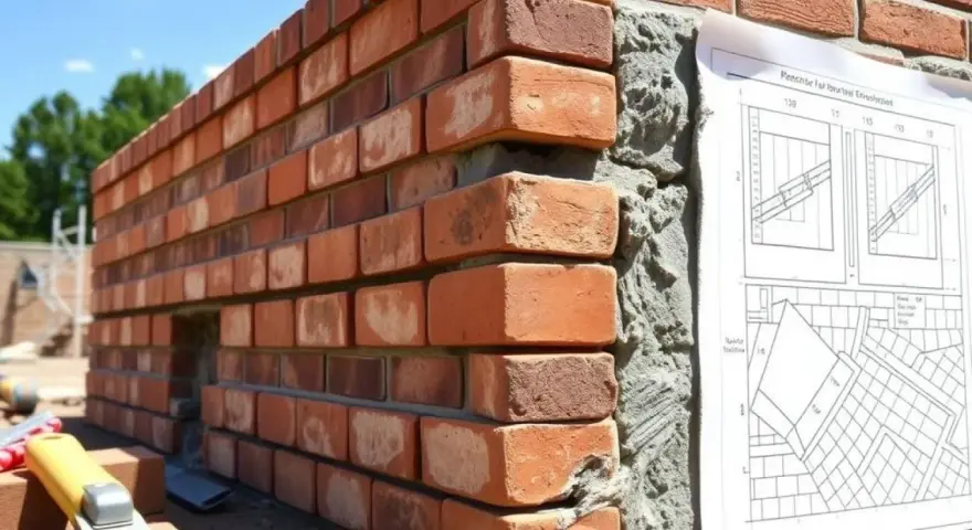 Mur en briques rouges, avec un plan de construction affiché. Le mortier sans retrait assure une pose parfaite.