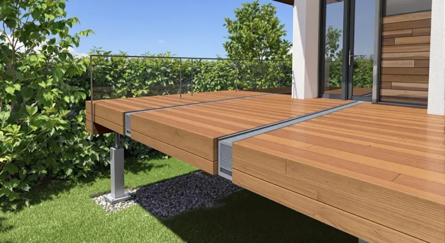 Un magnifique projet pour faire un toit terrasse en bois, avec une balustrade en verre et une végétation luxuriante.