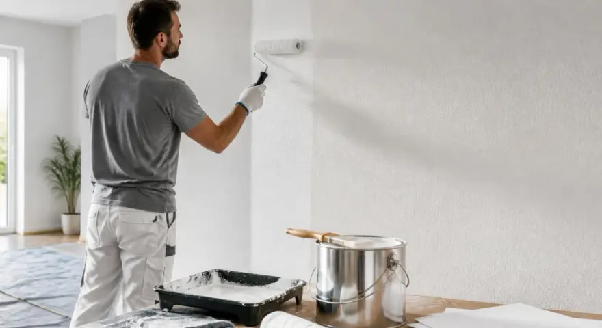 Un peintre applique une couche de peinture blanche sur un mur. Il utilise un rouleau et une boîte de peinture. On se demande combien de litre de peinture par m2 sera nécessaire pour ce chantier.