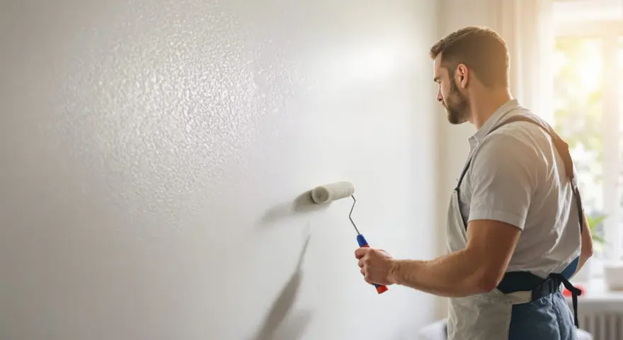 Un peintre applique un crépi au rouleau sur un mur blanc. La lumière du soleil éclaire la scène.