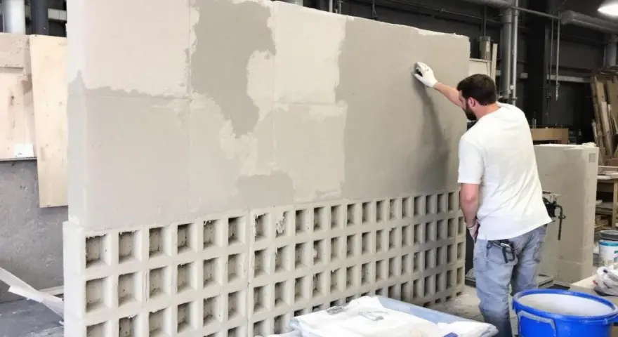 Un homme applique un enduit sur un mur en parpaings creux. L'épaisseur de l'enduit est visible par les zones plus claires et plus sombres.