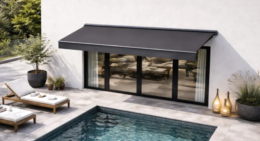 Un store banne gris protège une terrasse moderne avec piscine. L'entretien de ce store est essentiel pour profiter de cet espace de détente.