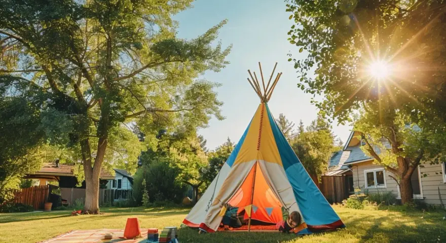 Un enfant joue dans un tipi coloré, parfait pour fabriquer un tipi extérieur en bois. Le soleil brille à travers les arbres.