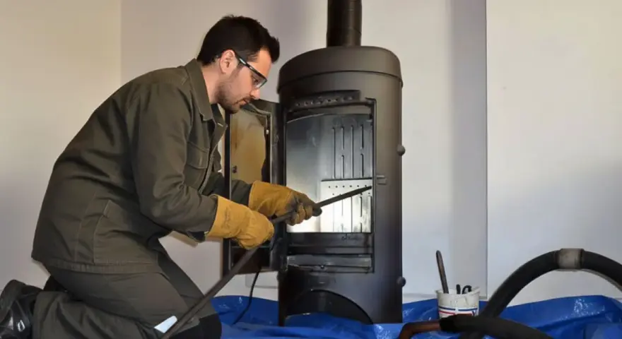 Un homme en tenue de travail effectue le ramonage d'un poêle à bois, ganté et muni d'outils.