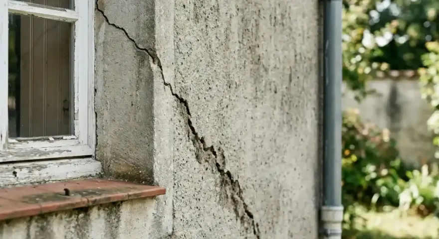 Grosse fissure sur mur extérieur près d'une fenêtre, nécessitant une réparation. Le crépi est abîmé.