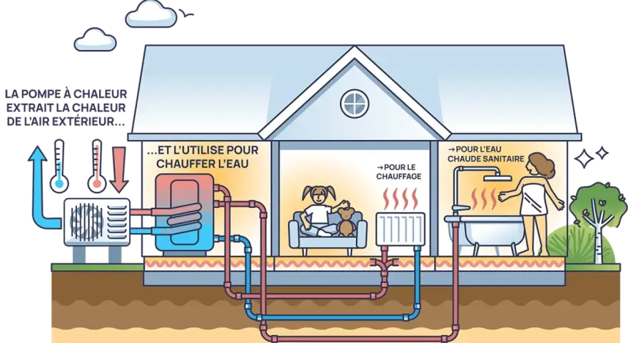 Une pompe à chaleur extrait la chaleur de l'air extérieur pour chauffer l'eau de la maison. Le chauffage aérothermie, c'est quoi ? C'est une solution écologique pour le confort.