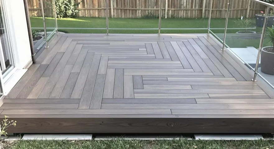 Une belle pose terrasse bois sur terre, avec un motif en chevrons moderne et des garde-corps en verre.