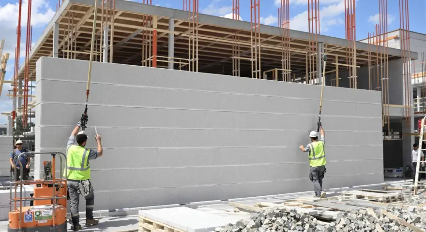 Chantier de construction : deux ouvriers installent un mur en siporex extérieur. Le bâtiment en cours de construction est visible en arrière-plan.