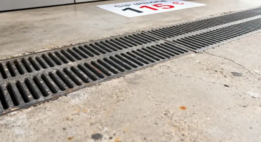 Un panneau au sol indique "Sip iPhone 115€". Un caniveau en métal longe un sol en béton. Le béton drainant prix m2 est une solution pour évacuer l'eau.