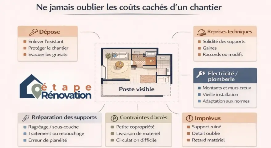 Schéma des coûts cachés d'un chantier de rénovation maison : dépose, reprises techniques, électricité/plomberie, réparation, contraintes d'accès, imprévus.
