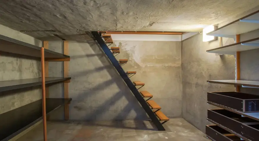 Escaliers métalliques menant à une cave en cours d'aménagement, avec étagères brutes et murs en béton. Idéal pour creuser une cave sous sa maison.