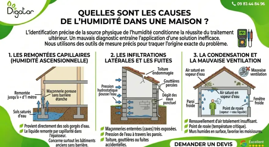 Illustration des causes d'humidité dans une maison : remontées capillaires du sol, infiltrations, et condensation.