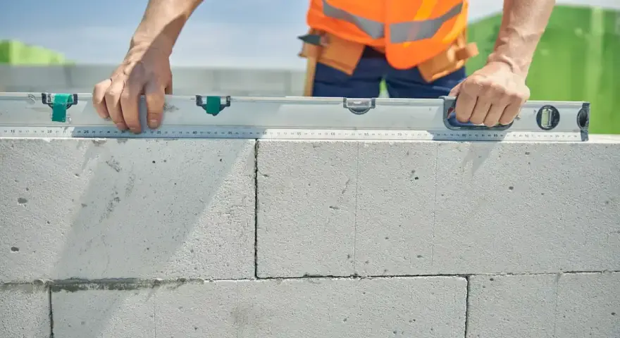 Un maçon vérifie le niveau d'une rangée de parpaings. Il se demande combien de rangée de parpaing par jour il peut poser.