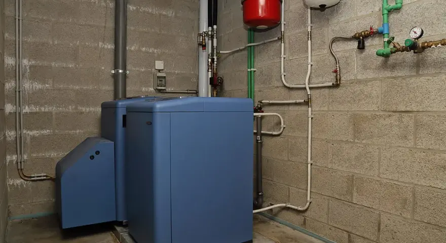 Chaudière fioul bleue dans une chaufferie, avec réservoirs rouge et blanc. Le prix du chauffage fioul est une préoccupation.