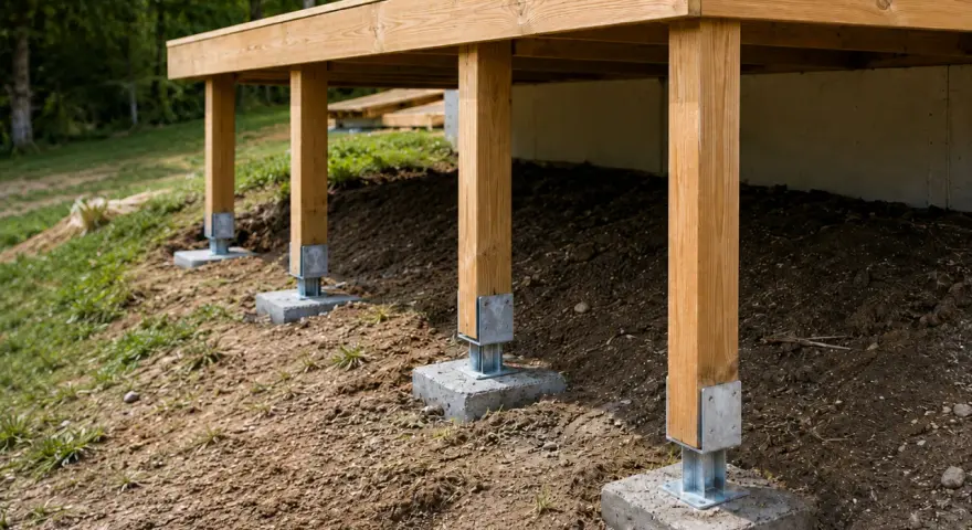 Vue d'un schema plan terrasse sur pilotis en bois, soutenue par des piliers en béton sur un terrain en pente.