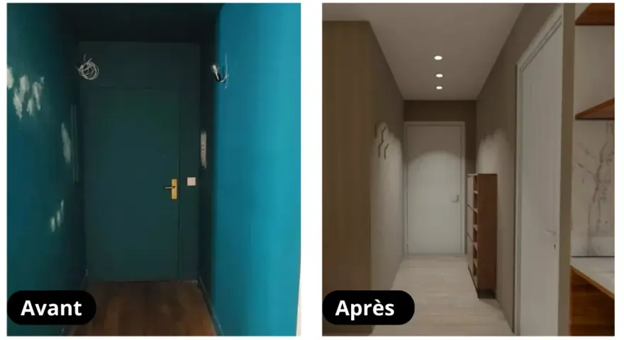 Avant/Après : un couloir transformé avec une peinture couloir moderne, plus lumineux et organisé.