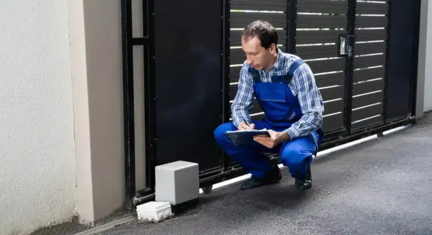 Technicien vérifiant le passage de gaine pour portail coulissant. Il note des informations sur un bloc-notes.