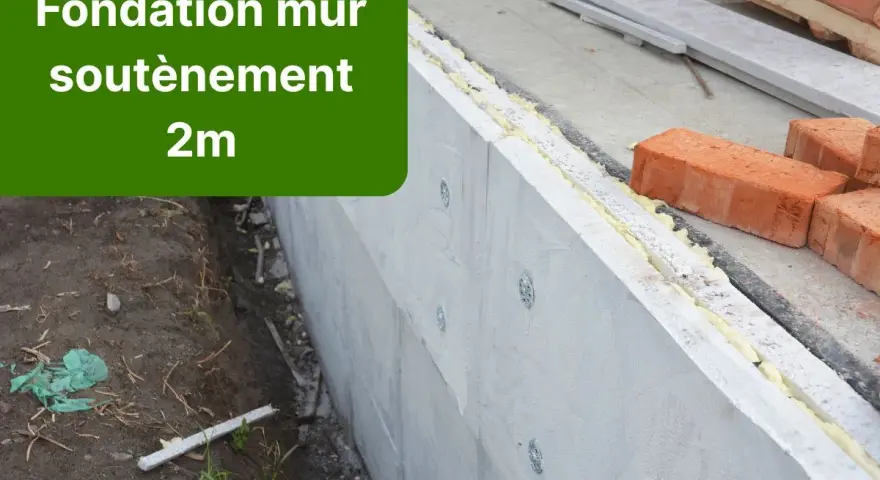 Construction d'un mur de soubassement de 2m, avec des briques rouges et des matériaux isolants.