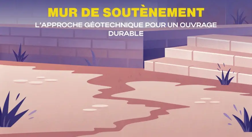 Illustration d'un mur de soutènement en briques, avec des marches en pierre et des plantes. Le titre "MUR DE SOUTÈNEMENT" est affiché.