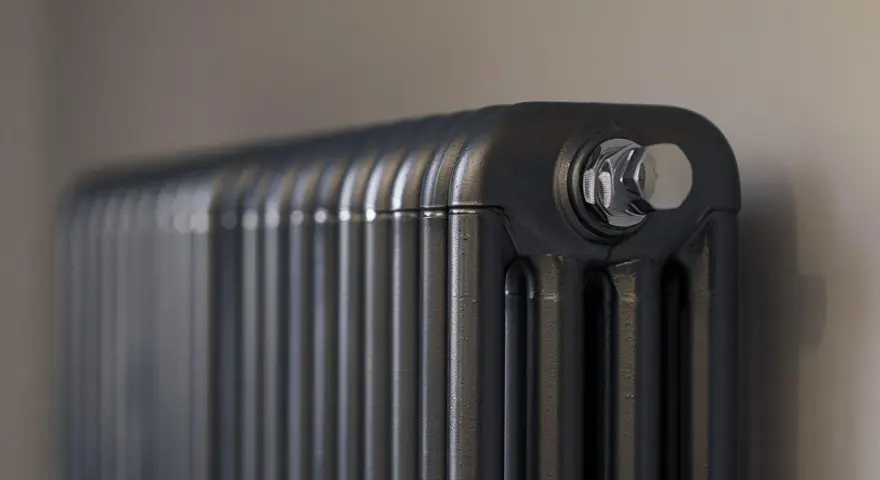 Gros plan sur un radiateur bain d'huile noir, avec un bouchon chromé visible. Un élément clé pour gérer la consommation d'énergie.