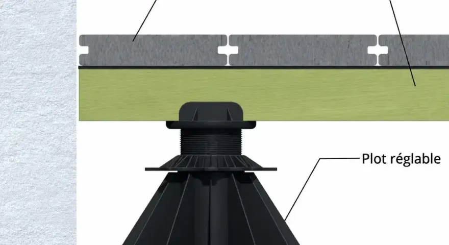 Détail d'une terrasse sur plot bois : lames, lambourdes et plot réglable, montrant la structure surélevée.