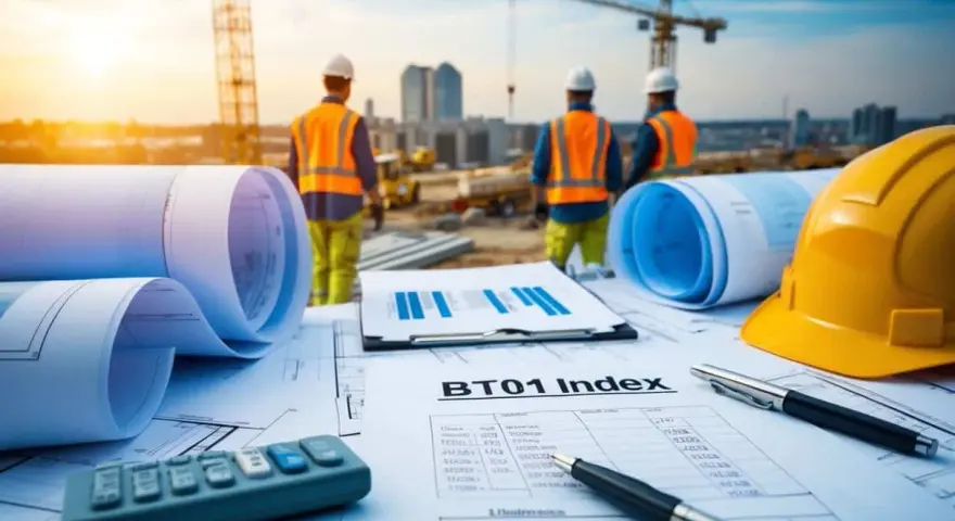 Plans, calculatrice, casque jaune et ouvriers sur un chantier. Le document BT01 Index est au premier plan.