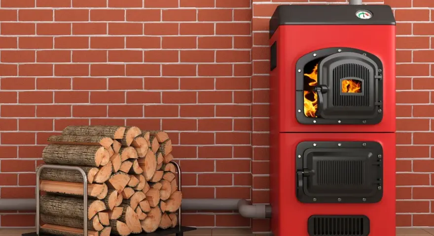 Une chaudière biomasse, c'est quoi ? Une chaudière rouge vif avec du bois de chauffage à côté, prête à chauffer.