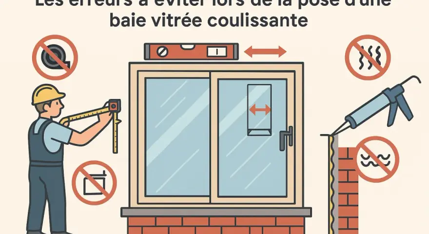 Un poseur mesure une baie vitrée coulissante. L'image illustre les erreurs à éviter lors de la pose d'une baie vitrée, notamment l'usage d'un mètre ruban, le niveau à bulle et le joint d'étanchéité.
