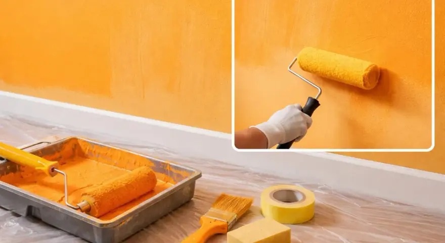 Un rouleau de peinture jaune crée des traces de rouleau à la lumière sur un mur orange. Matériel de peinture à proximité.