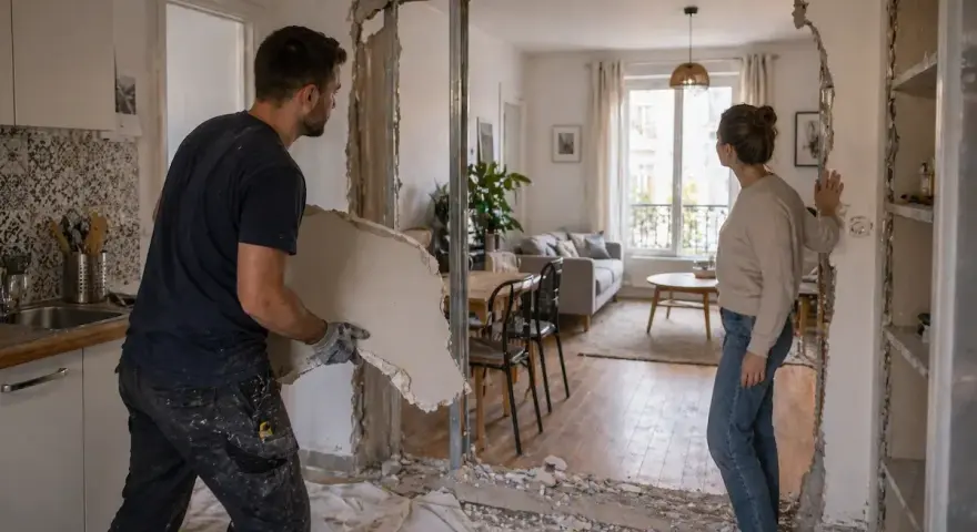 Un homme retire un morceau de plâtre, aidant à casser un mur non porteur. Une femme observe la transformation de l'espace.