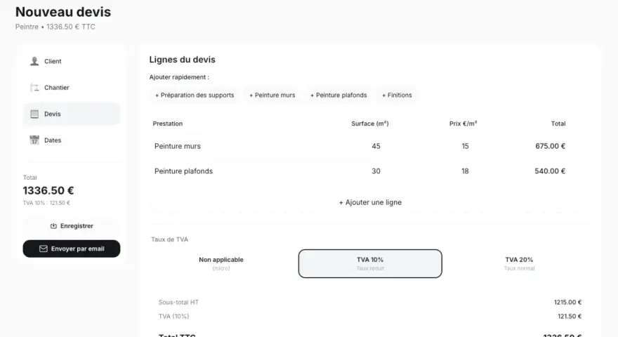 Un exemple devis peinture pour murs et plafonds, avec détails des prestations, surfaces, prix et TVA. Total TTC 1336.50 €.